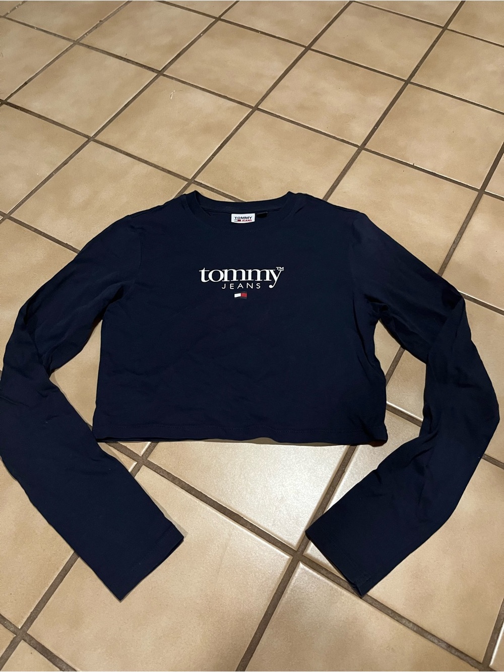 Tommy Hilfiger Navy Cropped Long Sleeve Tee with Logo